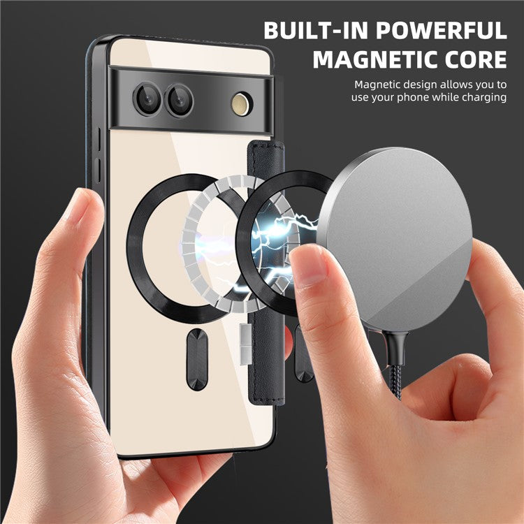 For Google Pixel 7a Magnetic Case Compatible with MagSafe Card Holder Leather Phone Cover - Black