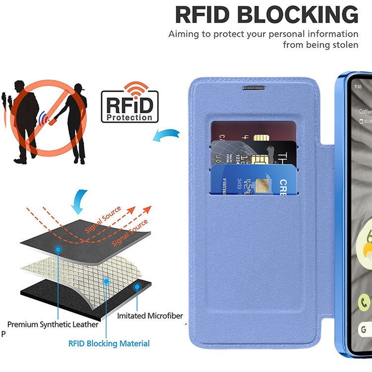 For Google Pixel 7a Magnetic Case Compatible with MagSafe Card Holder Leather Phone Cover - Blue