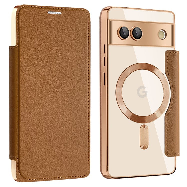 For Google Pixel 7a Magnetic Case Compatible with MagSafe Card Holder Leather Phone Cover - Brown