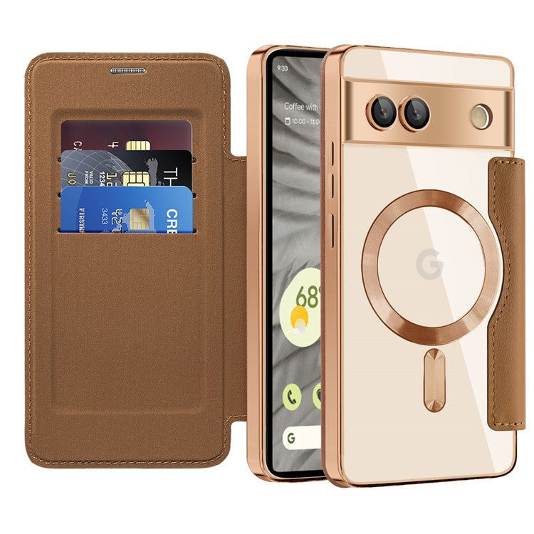 For Google Pixel 7a Magnetic Case Compatible with MagSafe Card Holder Leather Phone Cover - Brown