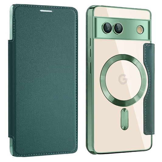 For Google Pixel 7a Magnetic Case Compatible with MagSafe Card Holder Leather Phone Cover - Blackish Green