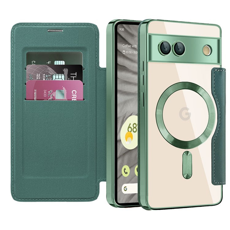 For Google Pixel 7a Magnetic Case Compatible with MagSafe Card Holder Leather Phone Cover - Blackish Green