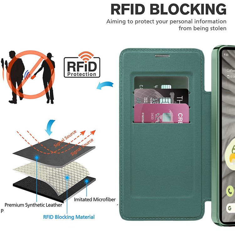 For Google Pixel 7a Magnetic Case Compatible with MagSafe Card Holder Leather Phone Cover - Blackish Green