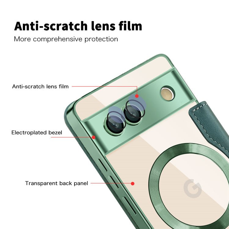 For Google Pixel 7a Magnetic Case Compatible with MagSafe Card Holder Leather Phone Cover - Blackish Green