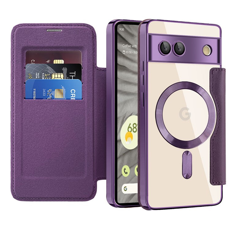 For Google Pixel 7a Magnetic Case Compatible with MagSafe Card Holder Leather Phone Cover - Purple