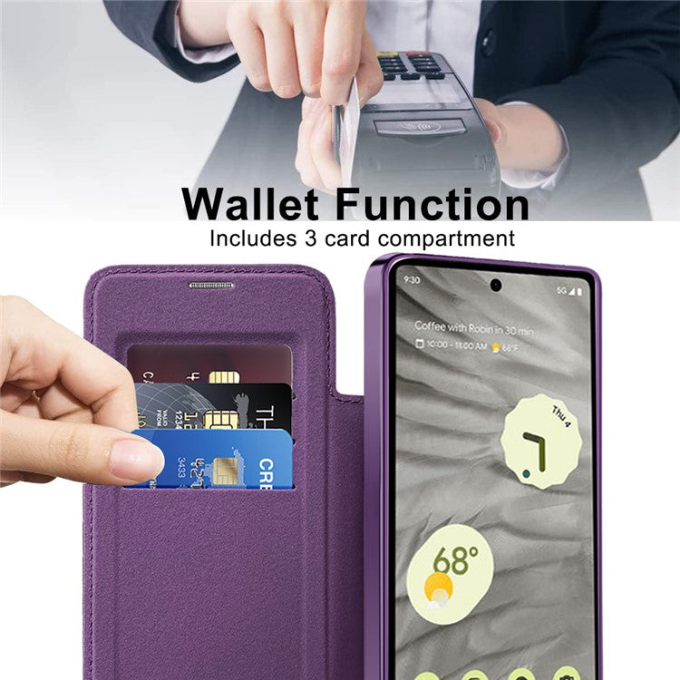 For Google Pixel 7a Magnetic Case Compatible with MagSafe Card Holder Leather Phone Cover - Purple