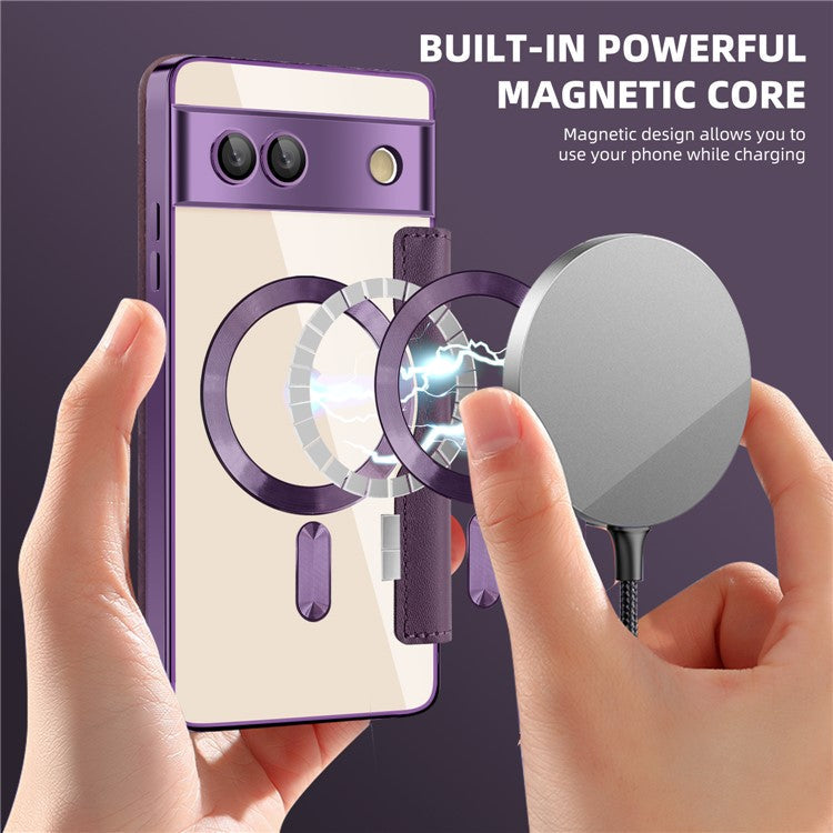 For Google Pixel 7a Magnetic Case Compatible with MagSafe Card Holder Leather Phone Cover - Purple