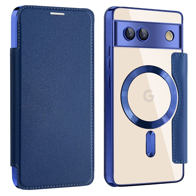 For Google Pixel 7a Magnetic Case Compatible with MagSafe Card Holder Leather Phone Cover - Sapphire