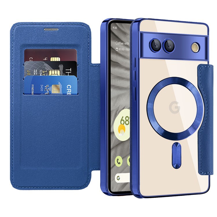 For Google Pixel 7a Magnetic Case Compatible with MagSafe Card Holder Leather Phone Cover - Sapphire