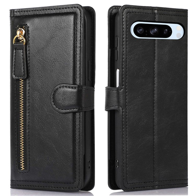 For Google Pixel 8 Pro Case Zipper Flip Leather Phone Cover Card Holder - Black