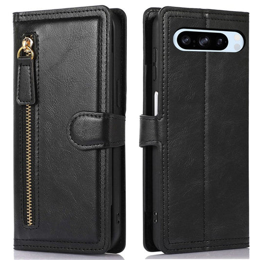 For Google Pixel 8 Pro Case Zipper Flip Leather Phone Cover Card Holder - Black