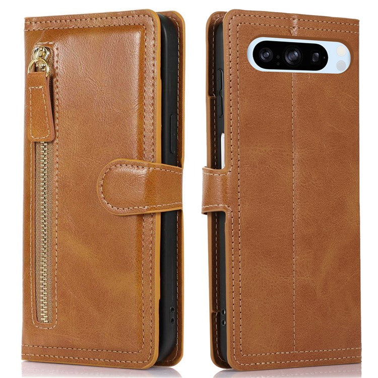 For Google Pixel 8 Pro Case Zipper Flip Leather Phone Cover Card Holder - Orange