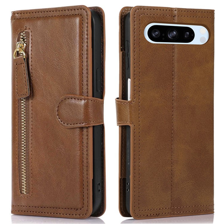 For Google Pixel 8 Pro Case Zipper Flip Leather Phone Cover Card Holder - Brown