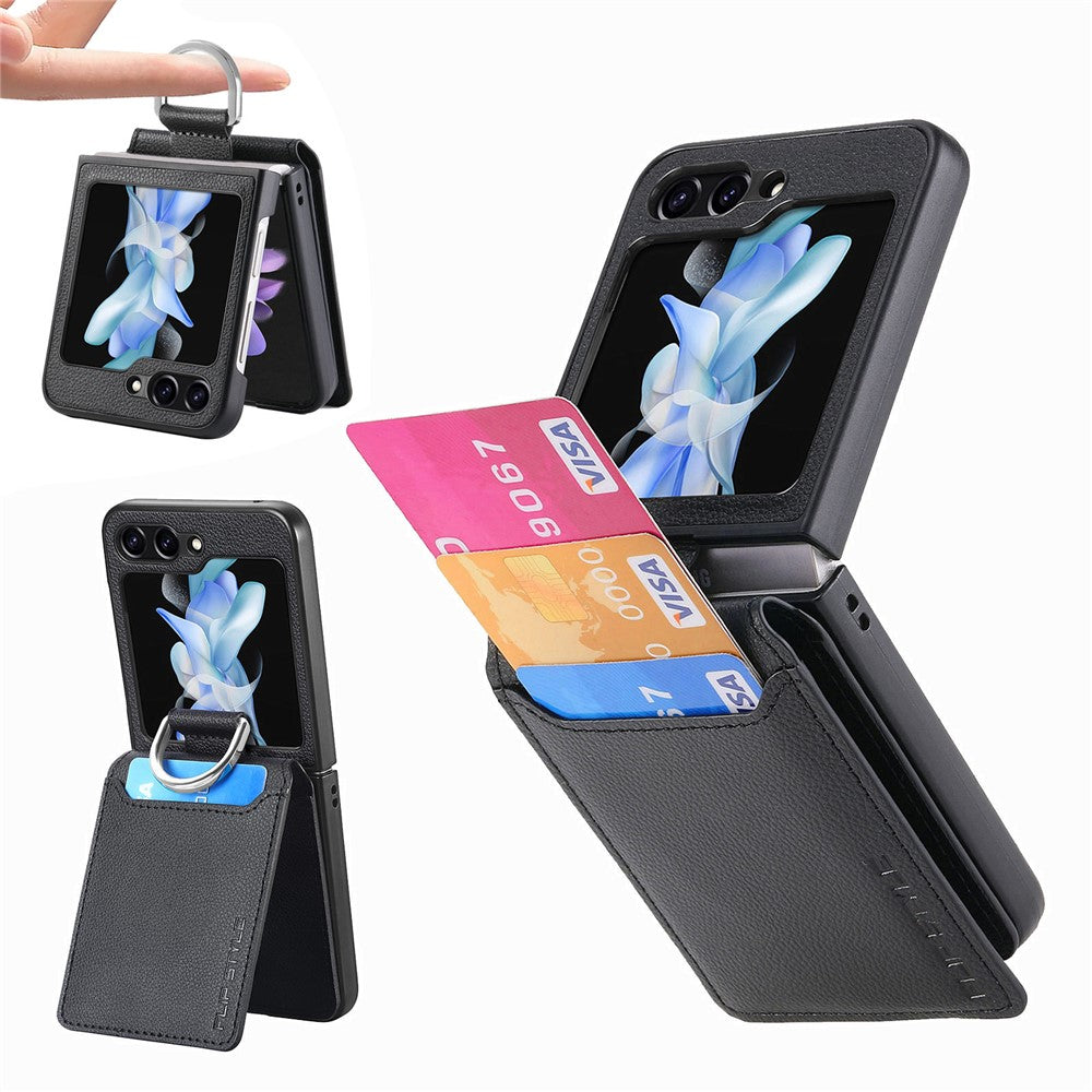 For Samsung Galaxy Z Flip7 FE 5G / Z Flip6 5G Phone Case Card Slot Kickstand PU+PC Cover with Finger Ring - Black