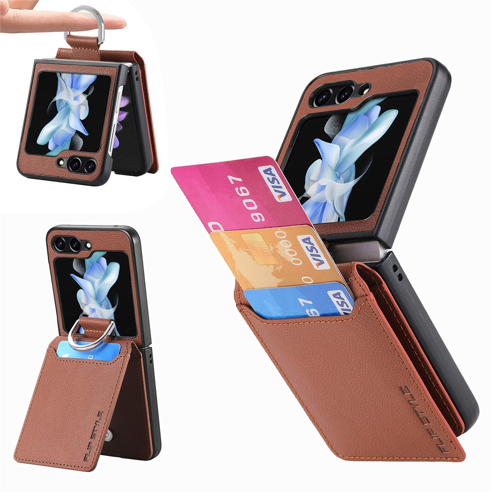 For Samsung Galaxy Z Flip7 FE 5G / Z Flip6 5G Phone Case Card Slot Kickstand PU+PC Cover with Finger Ring - Brown