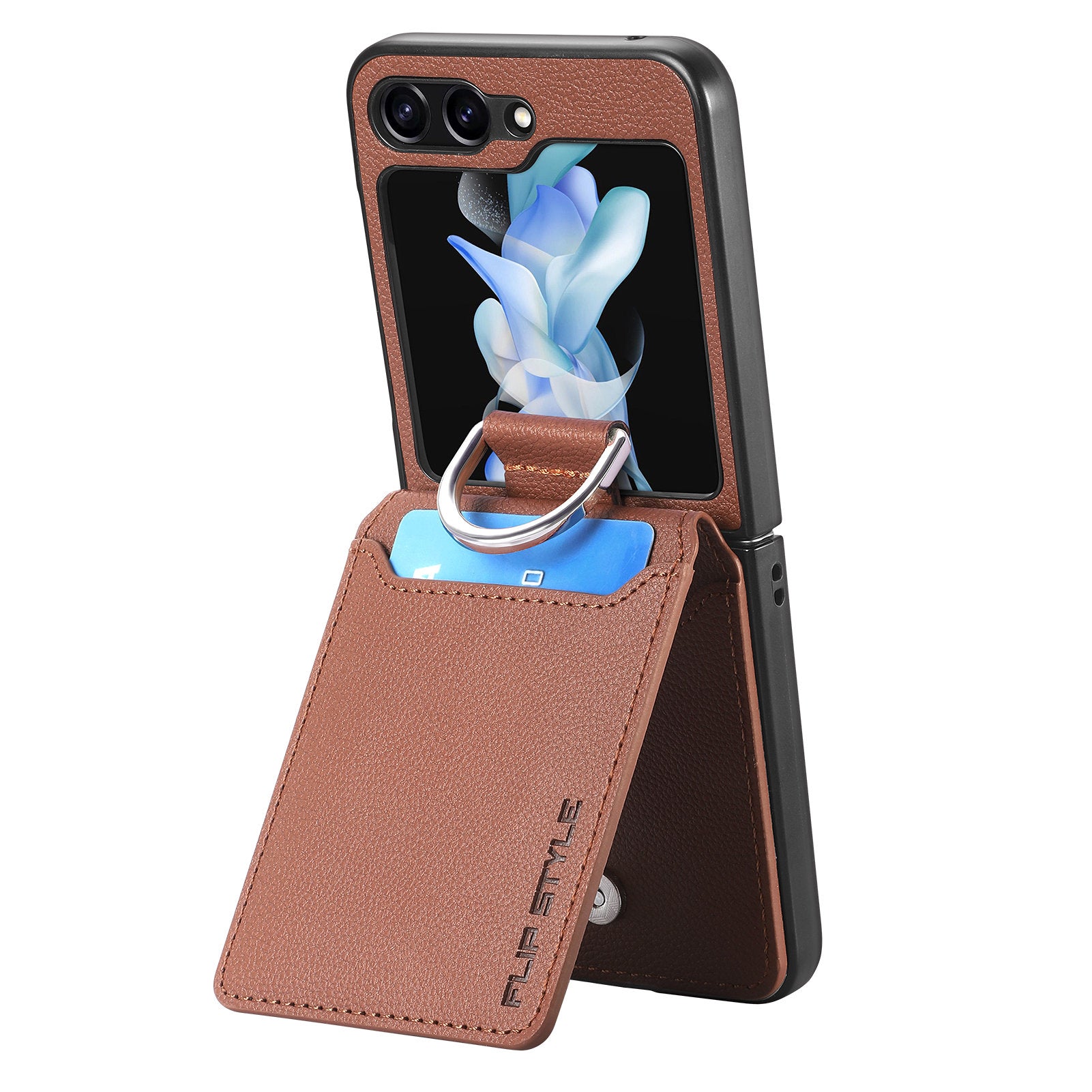 For Samsung Galaxy Z Flip6 5G Phone Case Card Slot Kickstand PU+PC Cover with Finger Ring - Brown