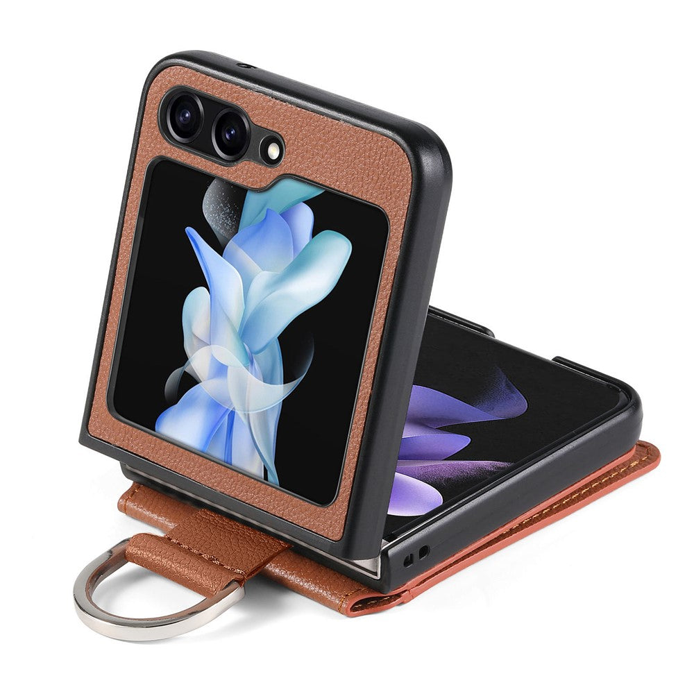 For Samsung Galaxy Z Flip7 FE 5G / Z Flip6 5G Phone Case Card Slot Kickstand PU+PC Cover with Finger Ring - Brown