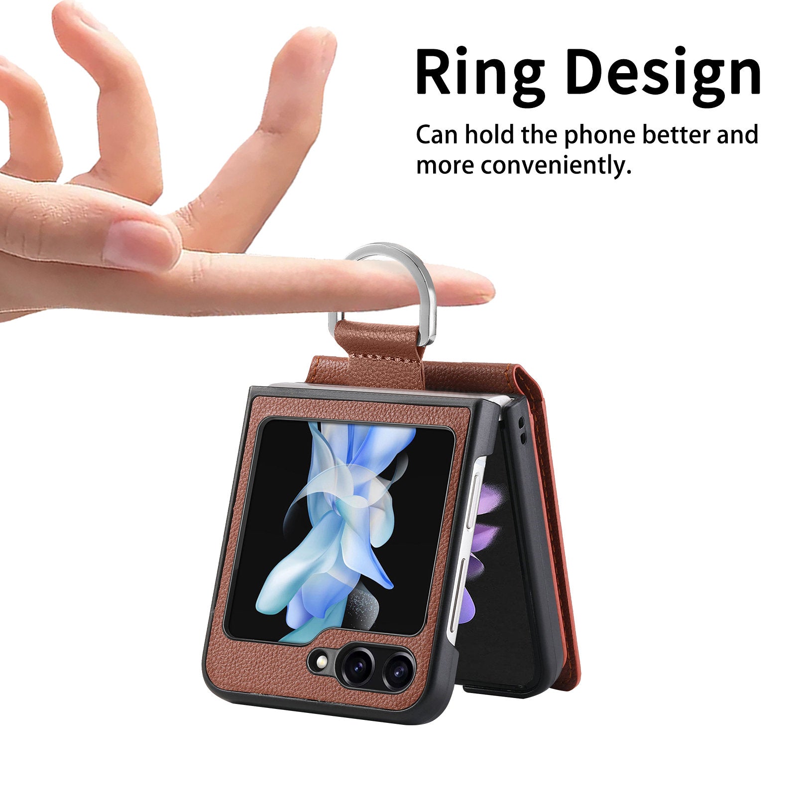 For Samsung Galaxy Z Flip6 5G Phone Case Card Slot Kickstand PU+PC Cover with Finger Ring - Brown