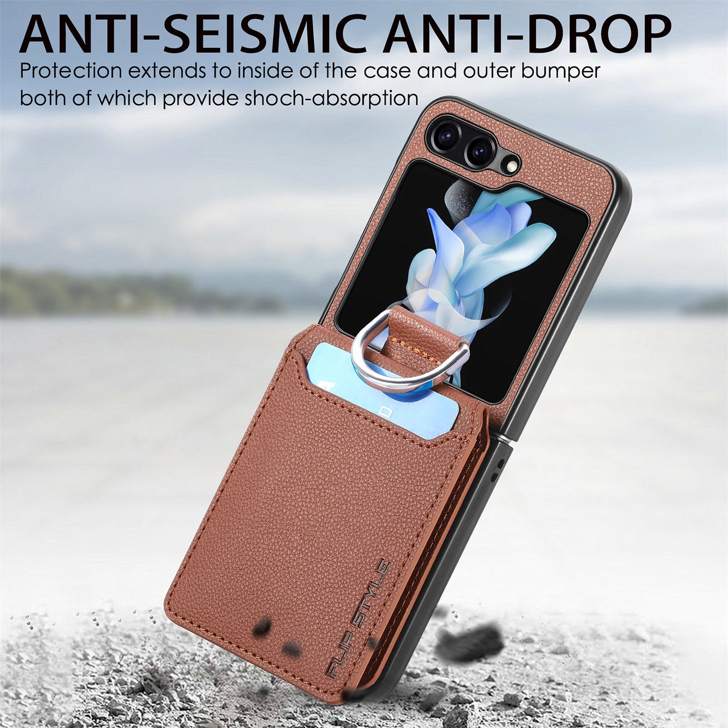 For Samsung Galaxy Z Flip6 5G Phone Case Card Slot Kickstand PU+PC Cover with Finger Ring - Brown