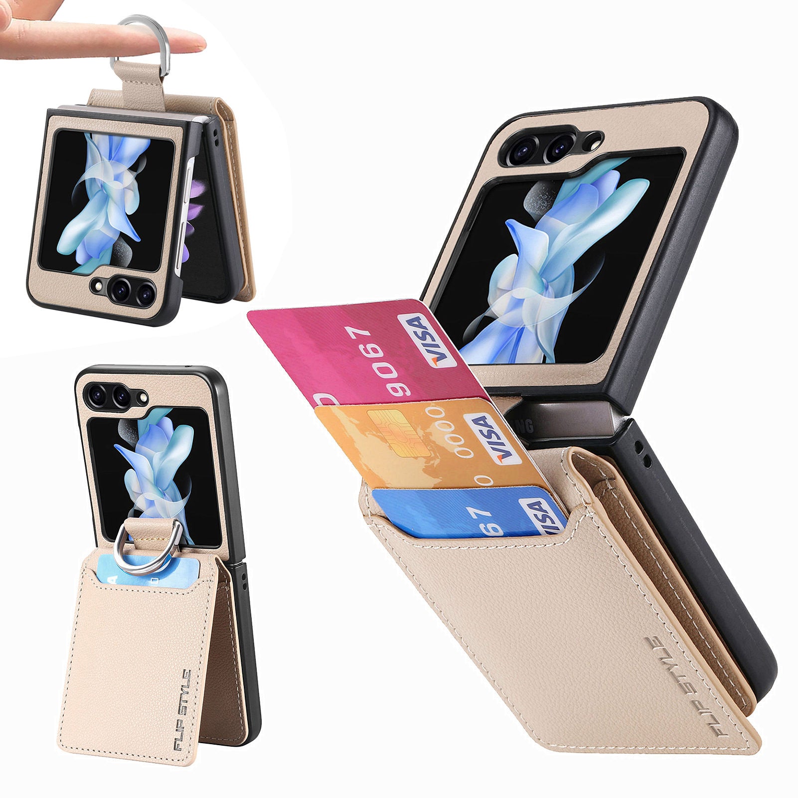 For Samsung Galaxy Z Flip6 5G Phone Case Card Slot Kickstand PU+PC Cover with Finger Ring - Khaki