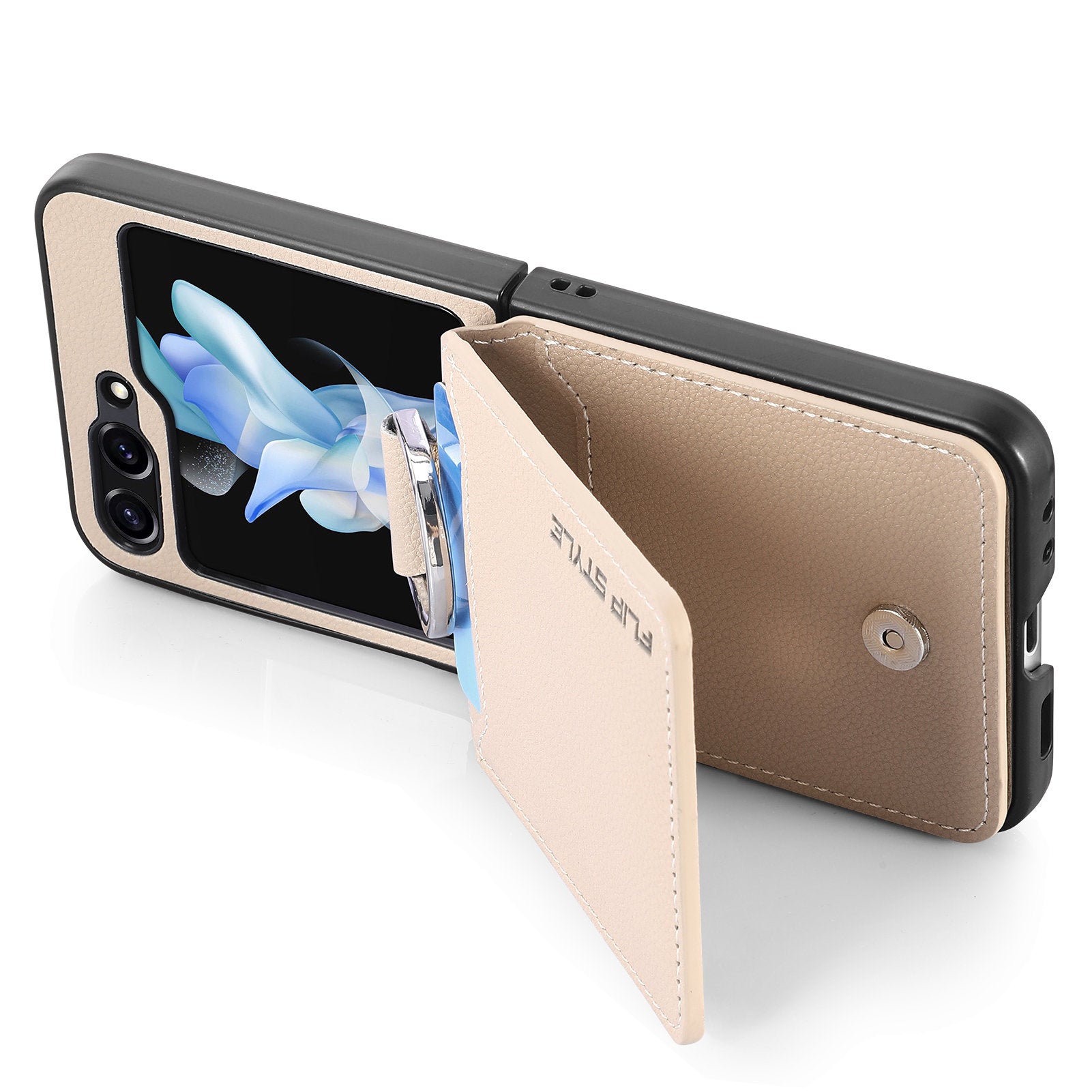 For Samsung Galaxy Z Flip6 5G Phone Case Card Slot Kickstand PU+PC Cover with Finger Ring - Khaki