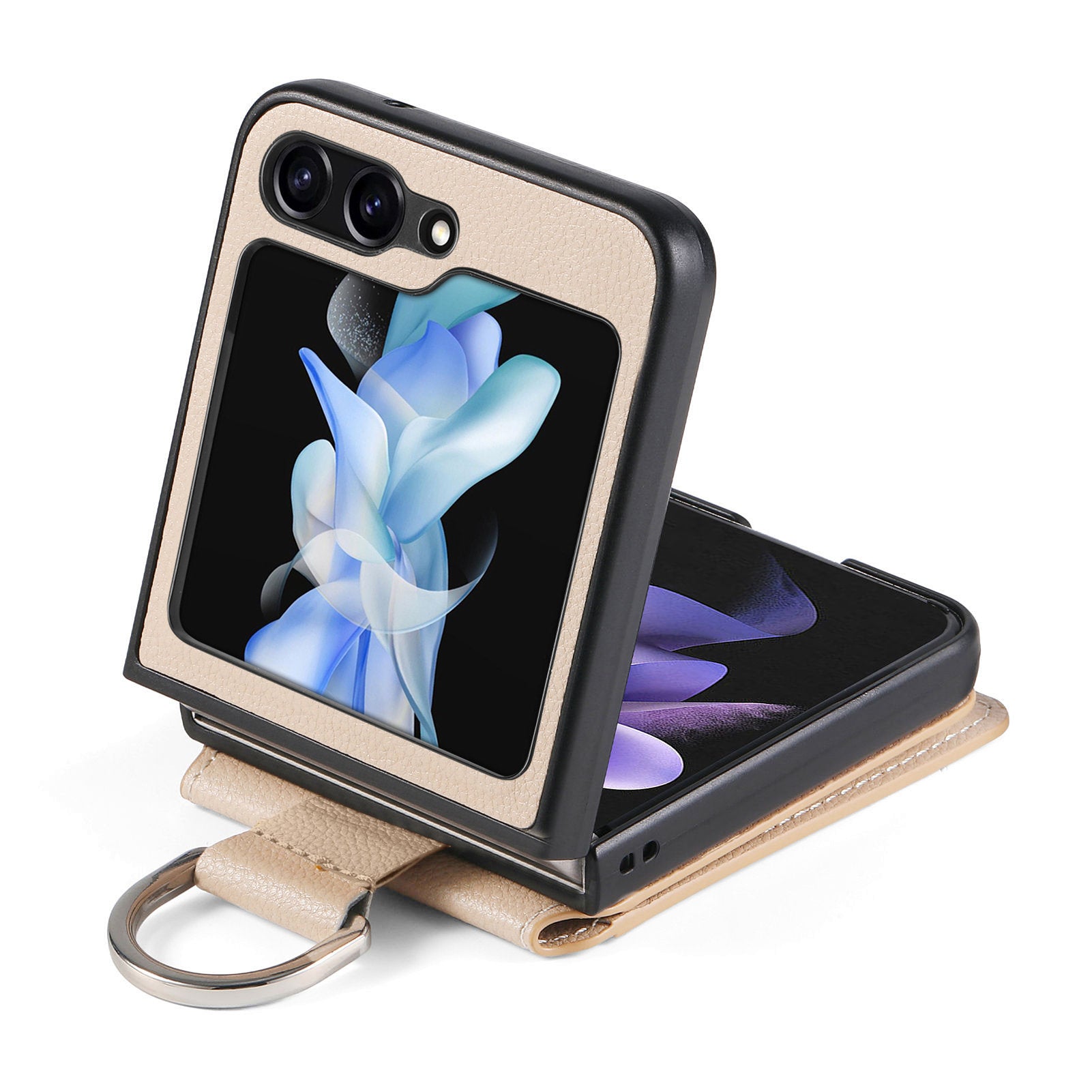 For Samsung Galaxy Z Flip6 5G Phone Case Card Slot Kickstand PU+PC Cover with Finger Ring - Khaki