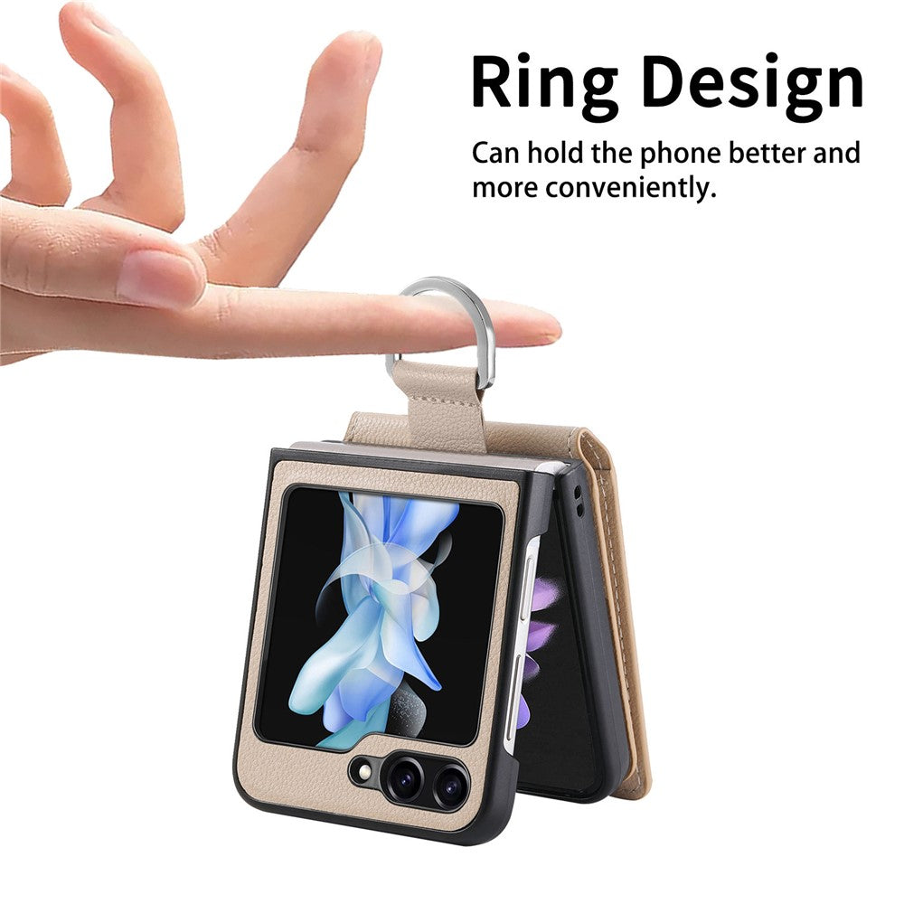 For Samsung Galaxy Z Flip7 FE 5G / Z Flip6 5G Phone Case Card Slot Kickstand PU+PC Cover with Finger Ring - Khaki