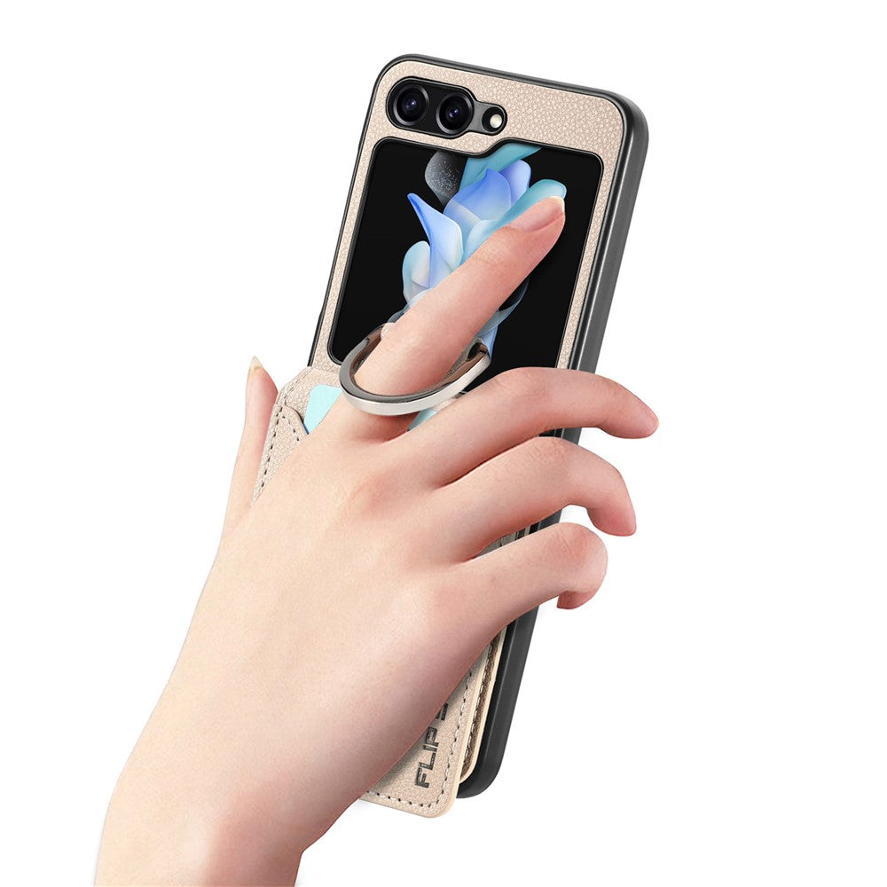 For Samsung Galaxy Z Flip7 FE 5G / Z Flip6 5G Phone Case Card Slot Kickstand PU+PC Cover with Finger Ring - Khaki