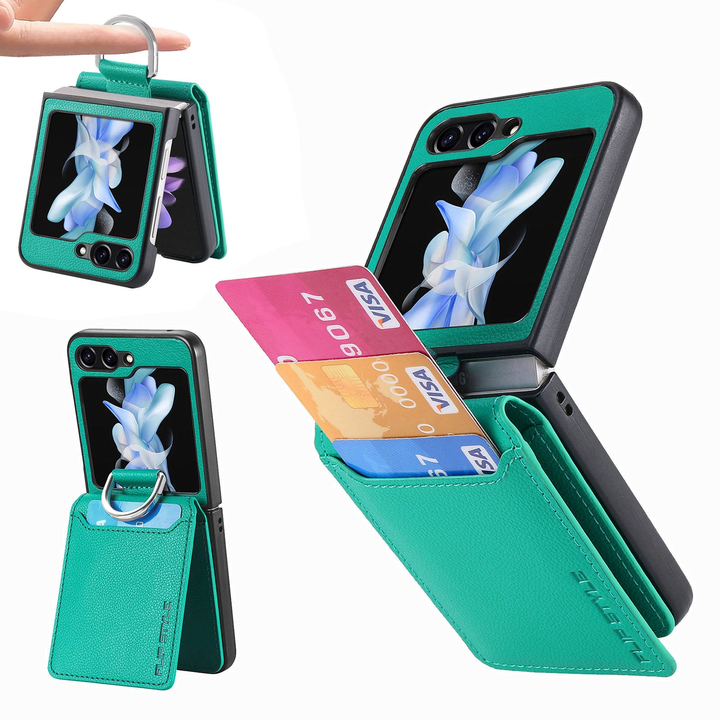 For Samsung Galaxy Z Flip6 5G Phone Case Card Slot Kickstand PU+PC Cover with Finger Ring - Green