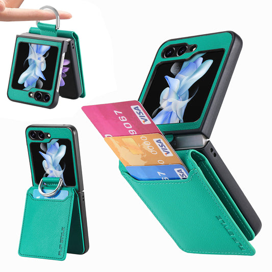 For Samsung Galaxy Z Flip6 5G Phone Case Card Slot Kickstand PU+PC Cover with Finger Ring - Green