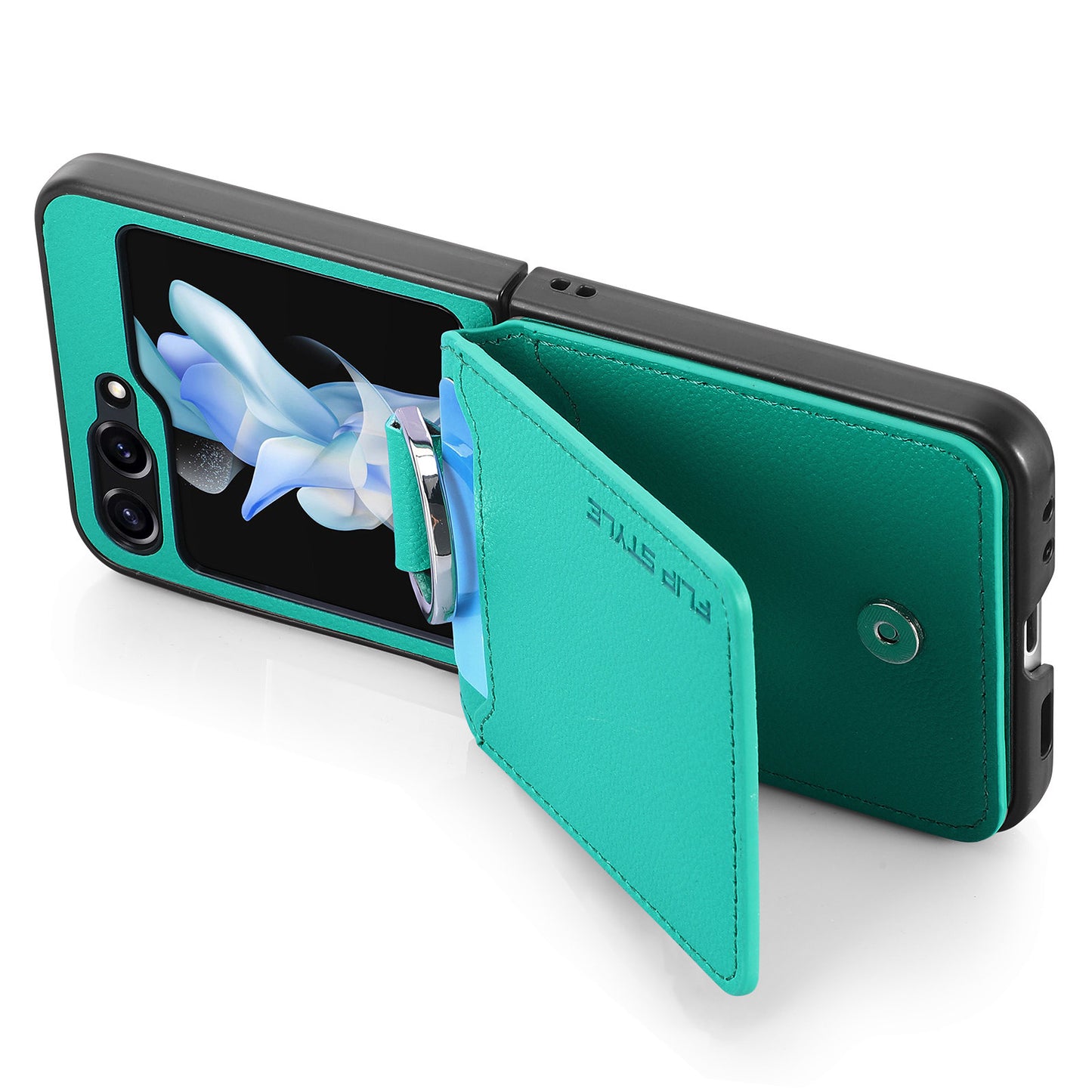 For Samsung Galaxy Z Flip6 5G Phone Case Card Slot Kickstand PU+PC Cover with Finger Ring - Green