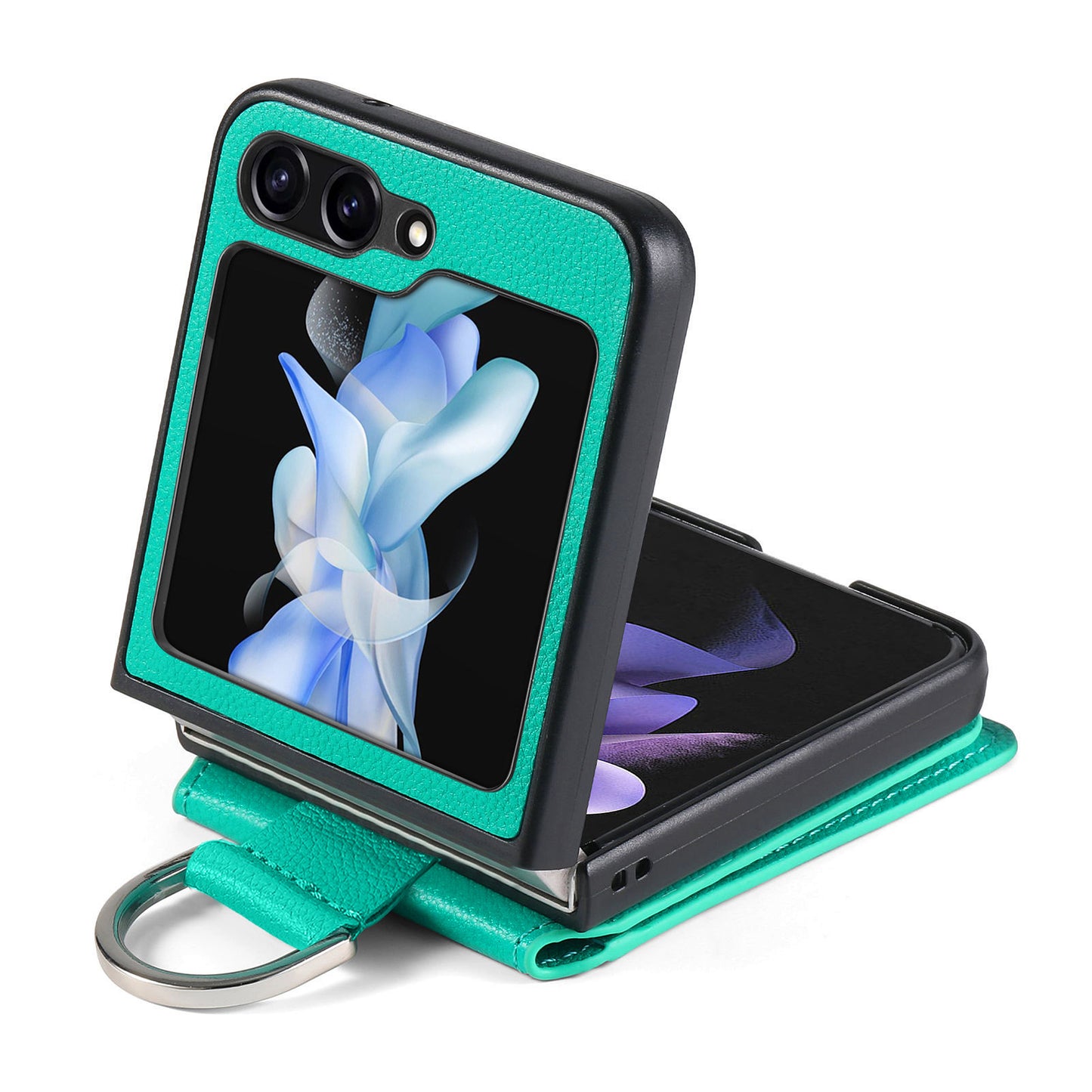 For Samsung Galaxy Z Flip6 5G Phone Case Card Slot Kickstand PU+PC Cover with Finger Ring - Green