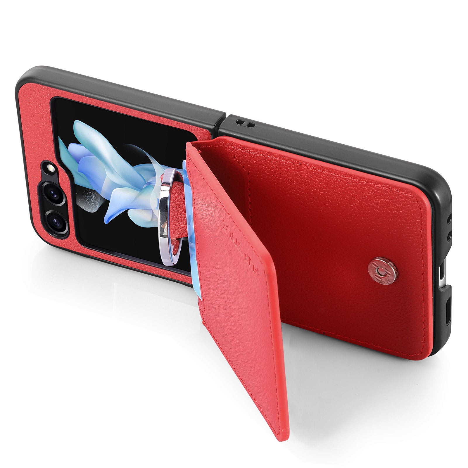 For Samsung Galaxy Z Flip6 5G Phone Case Card Slot Kickstand PU+PC Cover with Finger Ring - Red