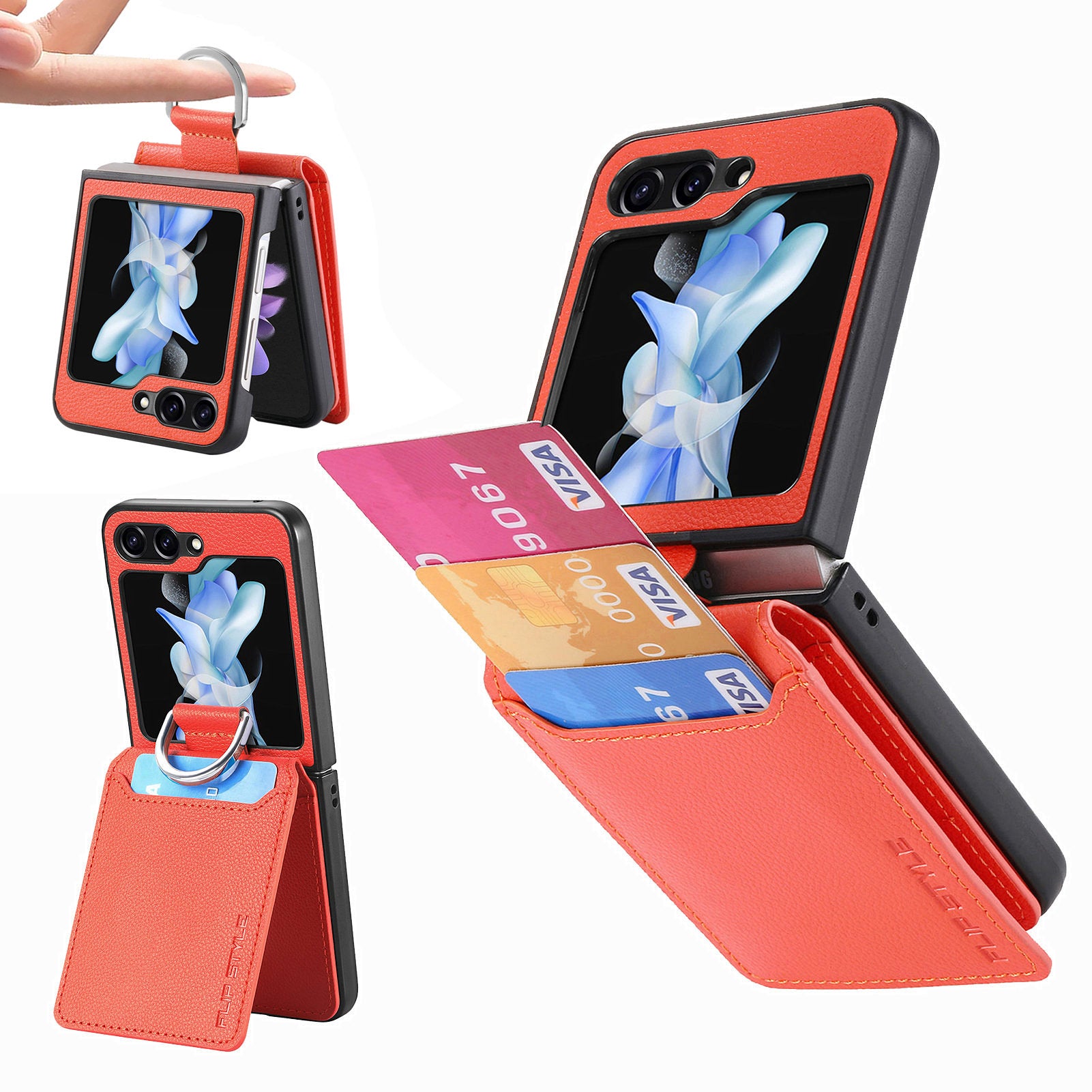 For Samsung Galaxy Z Flip6 5G Phone Case Card Slot Kickstand PU+PC Cover with Finger Ring - Orange