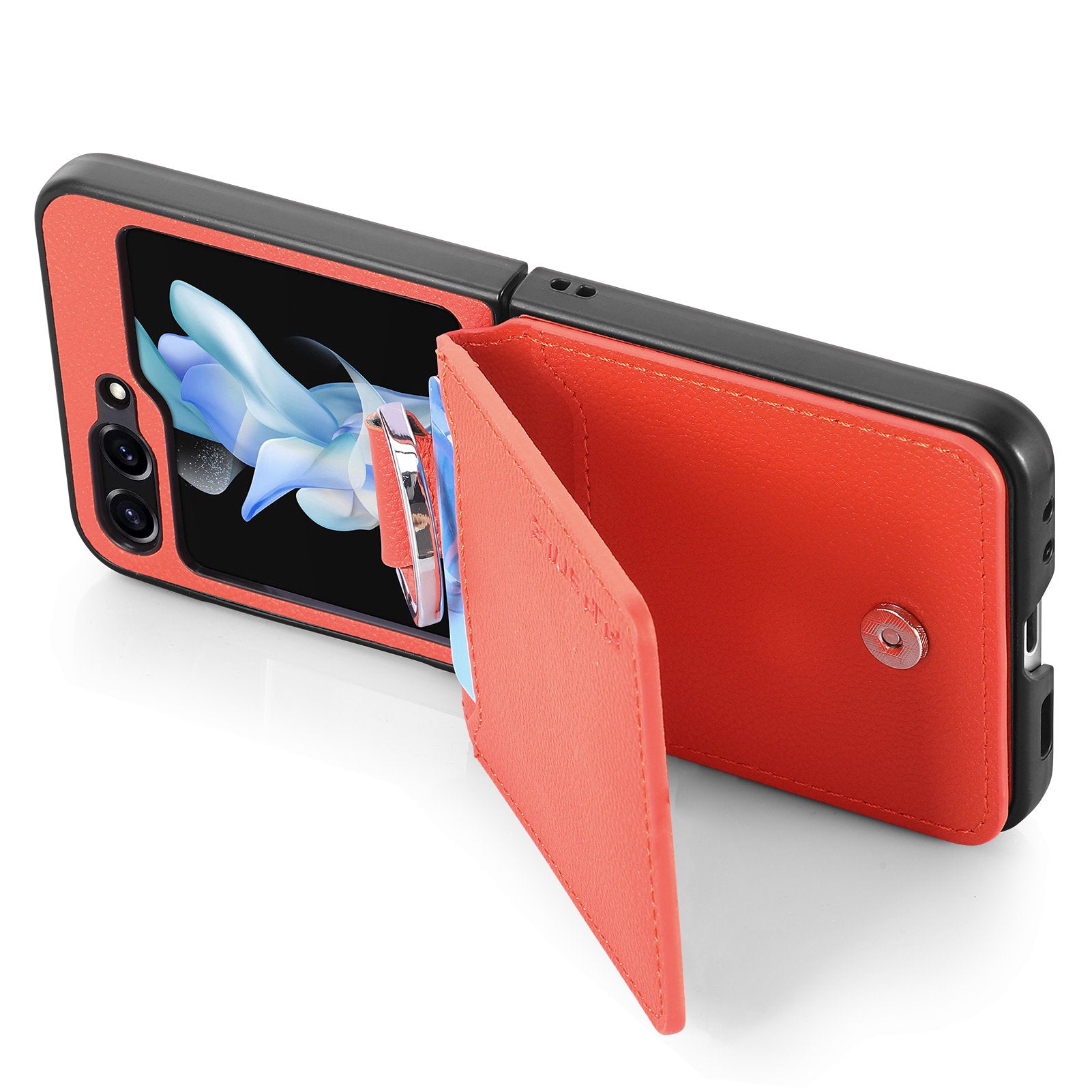 For Samsung Galaxy Z Flip6 5G Phone Case Card Slot Kickstand PU+PC Cover with Finger Ring - Orange