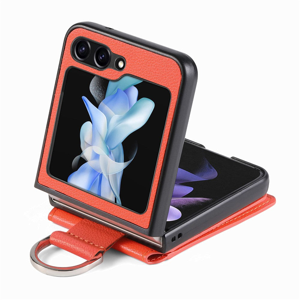 For Samsung Galaxy Z Flip7 FE 5G / Z Flip6 5G Phone Case Card Slot Kickstand PU+PC Cover with Finger Ring - Orange