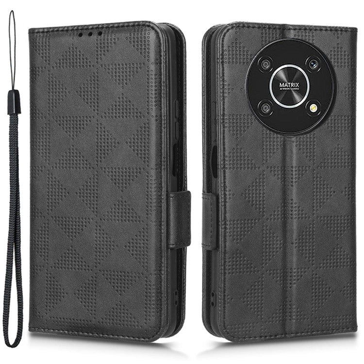 For Honor X9 5G / X30 5G / Magic4 Lite 5G Imprinted Triangle Pattern PU Leather Magnetic Flip Cover Stand Hand Strap Wallet Purse Case - Black