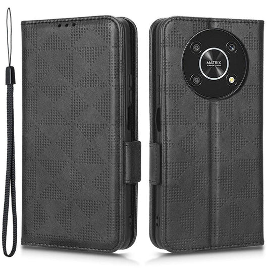 For Honor X9 5G / X30 5G / Magic4 Lite 5G Imprinted Triangle Pattern PU Leather Magnetic Flip Cover Stand Hand Strap Wallet Purse Case - Black