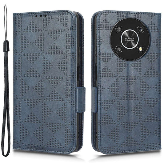 For Honor X9 5G / X30 5G / Magic4 Lite 5G Imprinted Triangle Pattern PU Leather Magnetic Flip Cover Stand Hand Strap Wallet Purse Case - Blue