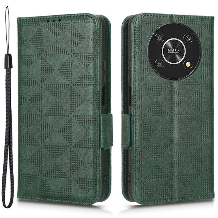 For Honor X9 5G / X30 5G / Magic4 Lite 5G Imprinted Triangle Pattern PU Leather Magnetic Flip Cover Stand Hand Strap Wallet Purse Case - Green