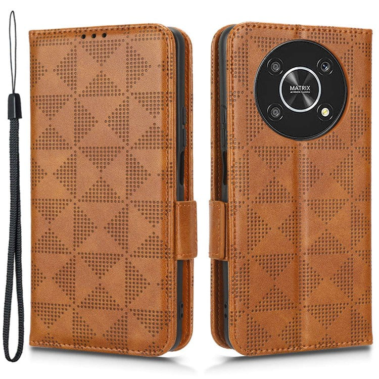 For Honor X9 5G / X30 5G / Magic4 Lite 5G Imprinted Triangle Pattern PU Leather Magnetic Flip Cover Stand Hand Strap Wallet Purse Case - Brown