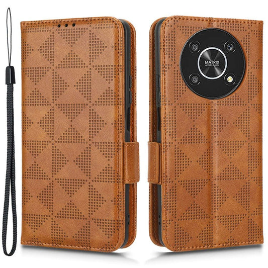 For Honor X9 5G / X30 5G / Magic4 Lite 5G Imprinted Triangle Pattern PU Leather Magnetic Flip Cover Stand Hand Strap Wallet Purse Case - Brown