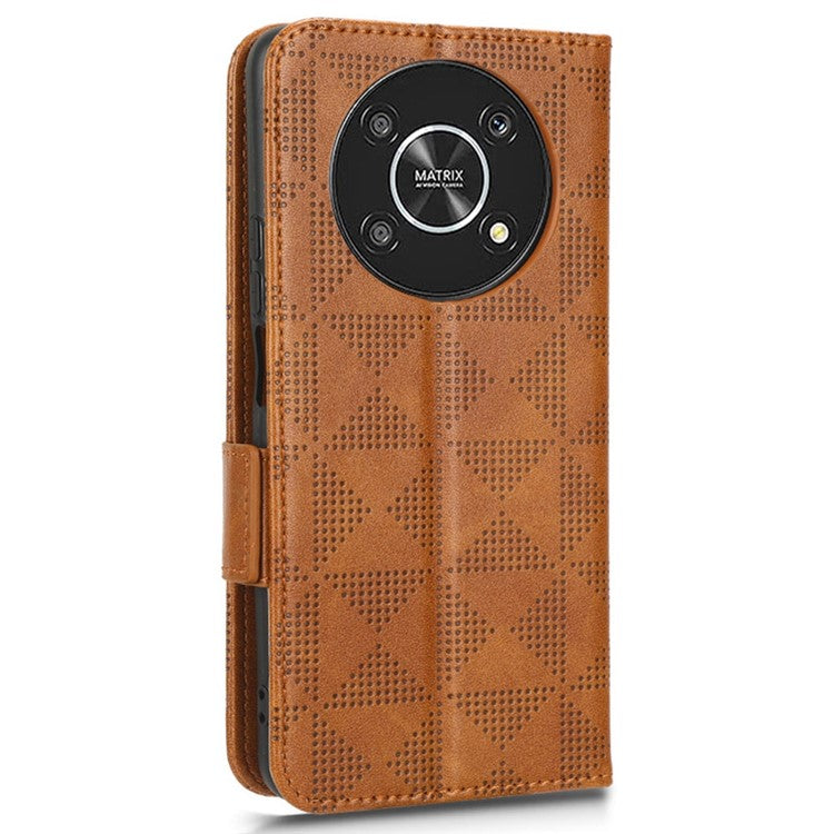 For Honor X9 5G / X30 5G / Magic4 Lite 5G Imprinted Triangle Pattern PU Leather Magnetic Flip Cover Stand Hand Strap Wallet Purse Case - Brown