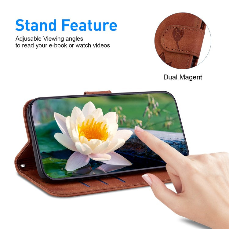 For iPhone 16e Case PU Leather Lotus Imprinted Phone Cover with Strap - Brown
