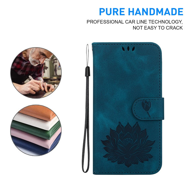 For iPhone 16e Case PU Leather Lotus Imprinted Phone Cover with Strap - Blue