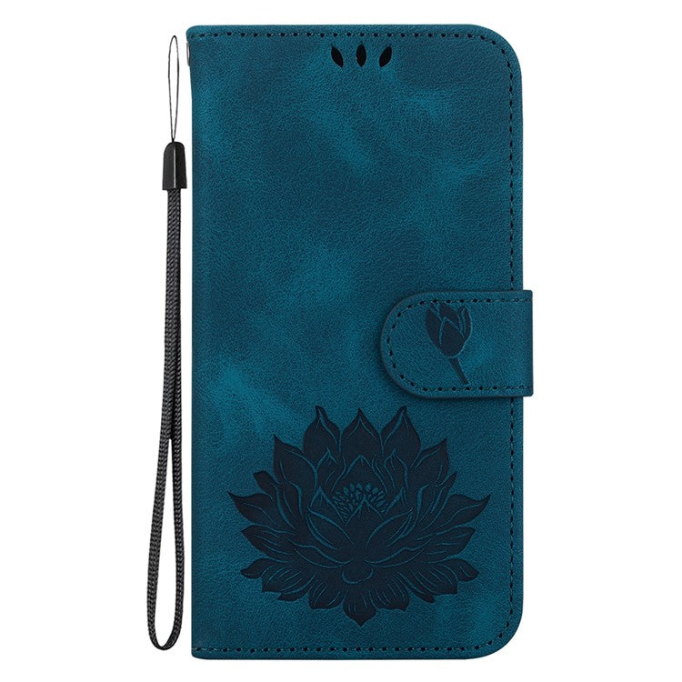 For iPhone 16e Case PU Leather Lotus Imprinted Phone Cover with Strap - Blue