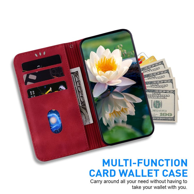 For iPhone 16e Case PU Leather Lotus Imprinted Phone Cover with Strap - Red