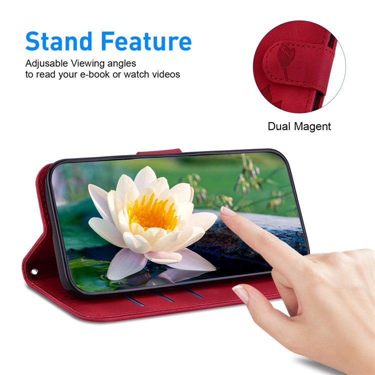For iPhone 16e Case PU Leather Lotus Imprinted Phone Cover with Strap - Red