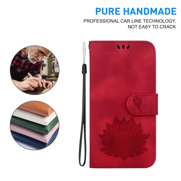 For iPhone 16e Case PU Leather Lotus Imprinted Phone Cover with Strap - Red