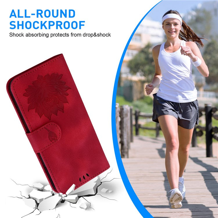 For iPhone 16e Case PU Leather Lotus Imprinted Phone Cover with Strap - Red